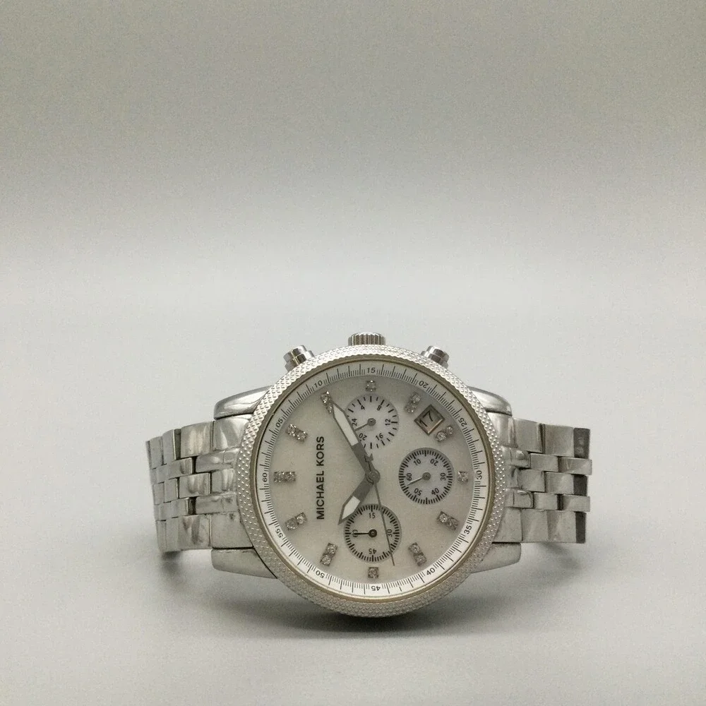 Michael Kors Womens Watch 36mm MOP Dial Stainless Chronograph New Battery 6.75